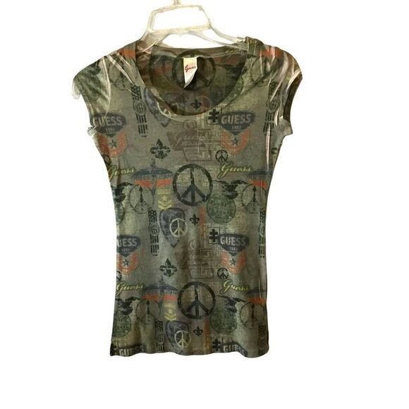 Guess Fitted Roadway Peace Sign Tee Cap Sleeve Women's 4 Green Stretchy Casual - Picture 1 of 10